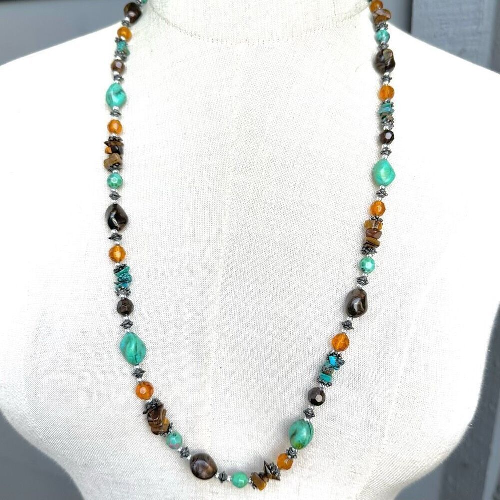Turquoise and tiger eye long beaded necklace